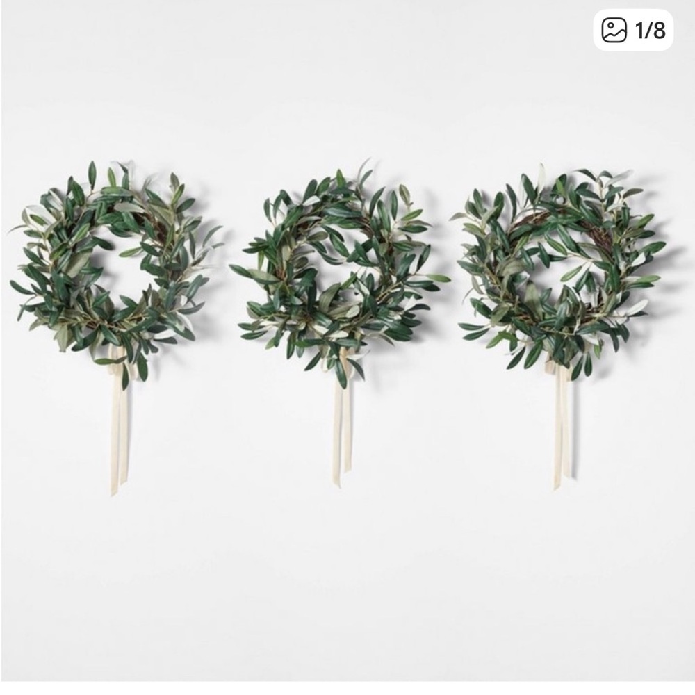 Studio McGee Set of 3 Mini Olive Wreaths with Ribbon NIB